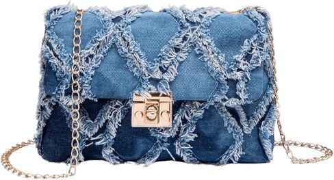 QWINEE Women's Distressed Denim Crossbody Bag Twist Lock Quilted Handbag Mini Jean Purse with Chain Strap in Saudi Arabia