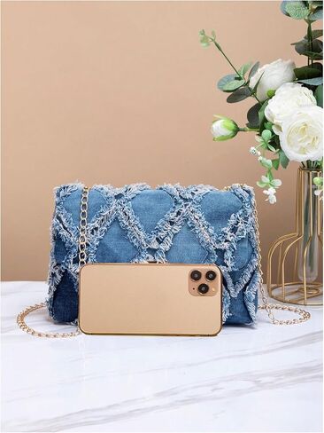 QWINEE Women's Distressed Denim Crossbody Bag Twist Lock Quilted Handbag Mini Jean Purse with Chain Strap in Saudi Arabia
