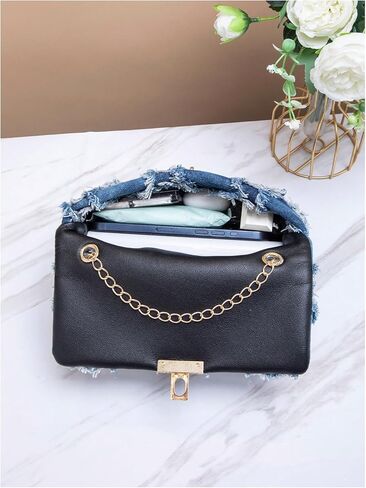 QWINEE Women's Distressed Denim Crossbody Bag Twist Lock Quilted Handbag Mini Jean Purse with Chain Strap in Saudi Arabia