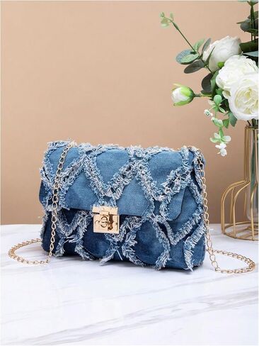 QWINEE Women's Distressed Denim Crossbody Bag Twist Lock Quilted Handbag Mini Jean Purse with Chain Strap in Saudi Arabia