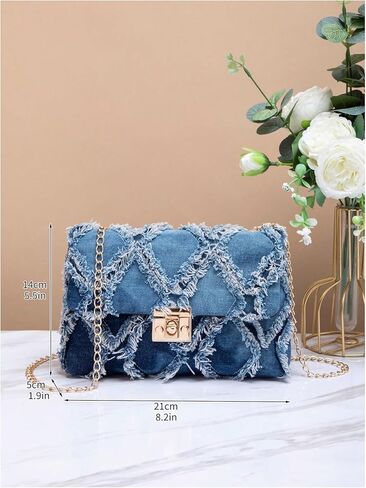 QWINEE Women's Distressed Denim Crossbody Bag Twist Lock Quilted Handbag Mini Jean Purse with Chain Strap in Saudi Arabia