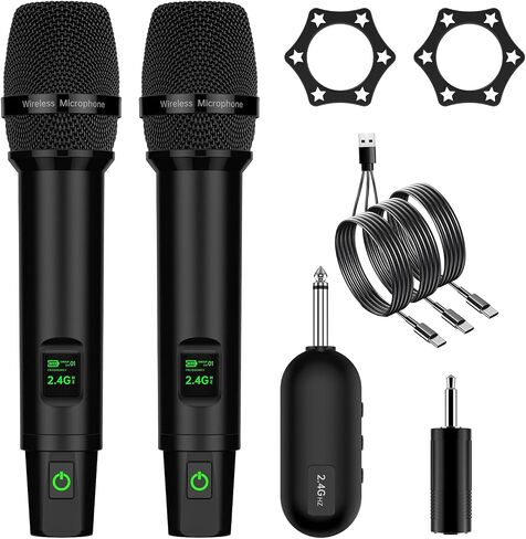 HINGTAT Wireless Microphone, 2.4GHz Professional Handheld Mic for Singing with 6.35MM(1/4"") and 3.5MM(1/8"") Rechargeable Receiver for Karaoke, Church, Speech, Wedding, PA System, Black in Saudi Arabia