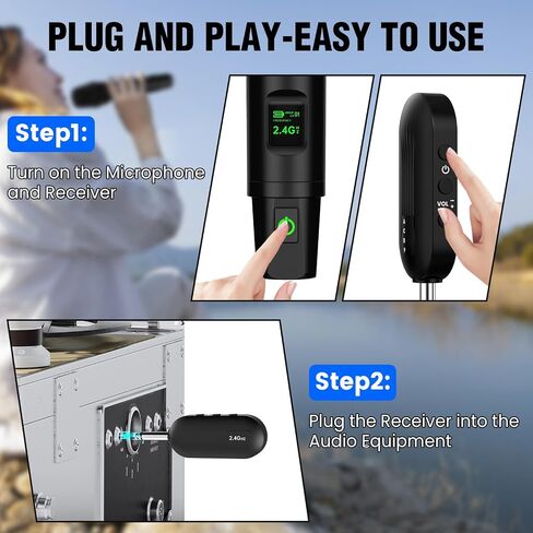 HINGTAT Wireless Microphone, 2.4GHz Professional Handheld Mic for Singing with 6.35MM(1/4"") and 3.5MM(1/8"") Rechargeable Receiver for Karaoke, Church, Speech, Wedding, PA System, Black in Saudi Arabia