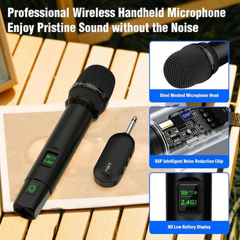 HINGTAT Wireless Microphone, 2.4GHz Professional Handheld Mic for Singing with 6.35MM(1/4"") and 3.5MM(1/8"") Rechargeable Receiver for Karaoke, Church, Speech, Wedding, PA System, Black in Saudi Arabia