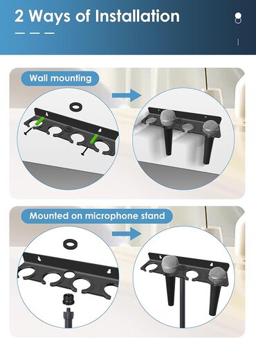 Multi microphone holder for wall (Aluminum) for Handheld Dynamic Wired and Wireless, Multiple Mic Organizer for Mic Stand, Rubber padding/Wall Mounted or Mounts to 5/8"-27 or 3/8"-16 threaded Stand in Kuwait