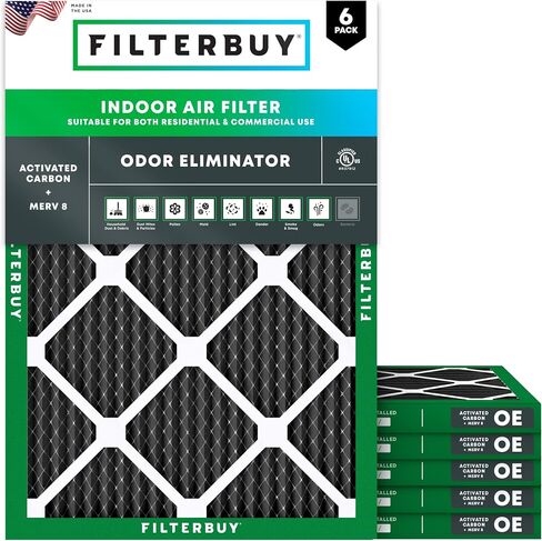 Filterbuy 16x25x1 فلتر هواء MERV 8 مزيل الرائحة (6 عبوات)، استبدال مرشحات هواء فرن HVAC AC المطوية بالكربون المنشط (الحجم الفعلي: 15.50 × 24.50 × 0.75 بوصة) in Saudi Arabia