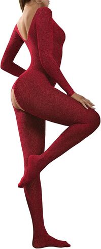 OYOANGLE Women's Mesh Sheer See Through Lingerie Bodystockings Long Sleeve Crotchless Bodysuit in Saudi Arabia