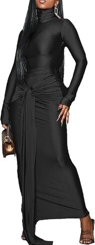 فاكست المرأة الطويلة الأكمام الطويلة الفستان maxi bodycon أنيقة التعادل التعادل الأمامي حفل زفاف الضيف فساتين السهرة in Kuwait