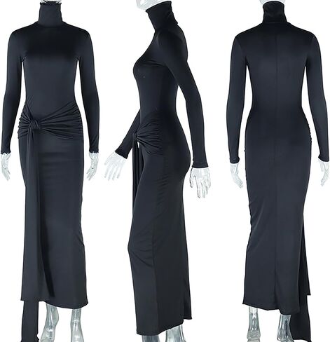 فاكست المرأة الطويلة الأكمام الطويلة الفستان maxi bodycon أنيقة التعادل التعادل الأمامي حفل زفاف الضيف فساتين السهرة in Kuwait