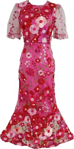 LAI MENG FIVE CATS Women's 3D Floral Short Sleeves Crew Neck Fishtail Mesh Embroidery Party Cocktail Maxi Dress in Kuwait