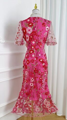 LAI MENG FIVE CATS Women's 3D Floral Short Sleeves Crew Neck Fishtail Mesh Embroidery Party Cocktail Maxi Dress in Kuwait
