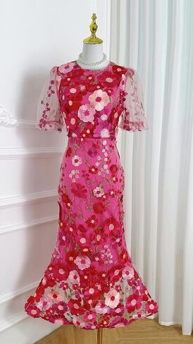 LAI MENG FIVE CATS Women's 3D Floral Short Sleeves Crew Neck Fishtail Mesh Embroidery Party Cocktail Maxi Dress in Kuwait