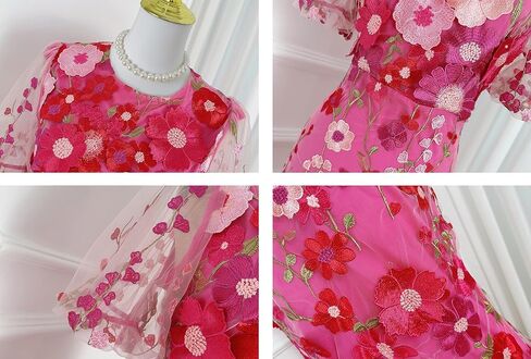 LAI MENG FIVE CATS Women's 3D Floral Short Sleeves Crew Neck Fishtail Mesh Embroidery Party Cocktail Maxi Dress in Kuwait