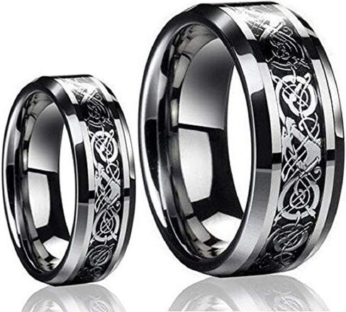 Ring for Men and Ring for Women His & Her's (1 Pair) 8MM/6MM Tungsten Carbide Celtic Knot Dragon Design Carbon Fiber Inlay Wedding Band Ring Set in Kuwait