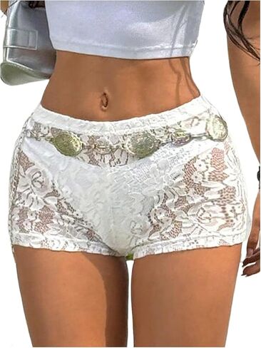Milumia Lace Lace Sheer Mesh Booty Mini Shorts Y2K الخروج من خلال شورتات صغيرة نحيفة in Kuwait