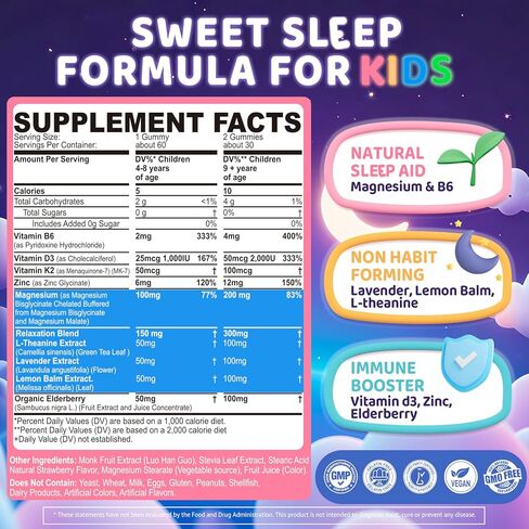 Kids Sleep Gummies, NO Melatonin Sleep Aid Gummies w/Magnesium Glycinate, Magnesium Malate, L-Theanine, Lavender, B6, Zinc, D3K2 for Restful Sleep, Relax Brain & Muscle, Immune Support, Non-GMO 2Pack in Saudi Arabia