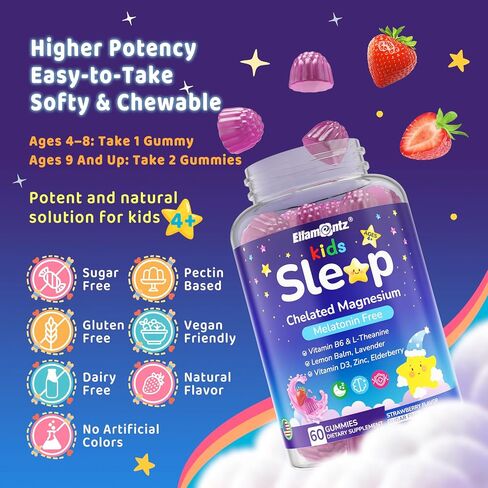Kids Sleep Gummies, NO Melatonin Sleep Aid Gummies w/Magnesium Glycinate, Magnesium Malate, L-Theanine, Lavender, B6, Zinc, D3K2 for Restful Sleep, Relax Brain & Muscle, Immune Support, Non-GMO 2Pack in Saudi Arabia