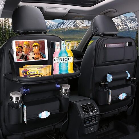 Premium PU Leather Backseat Seat Organizer with Foldable Table, Multi-Storage Pockets and Adjustable Buckle Strap for Automobiles in Saudi Arabia