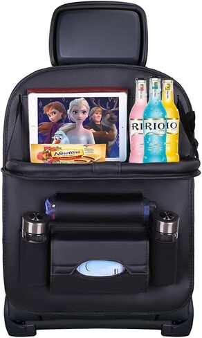 Premium PU Leather Backseat Seat Organizer with Foldable Table, Multi-Storage Pockets and Adjustable Buckle Strap for Automobiles in Saudi Arabia