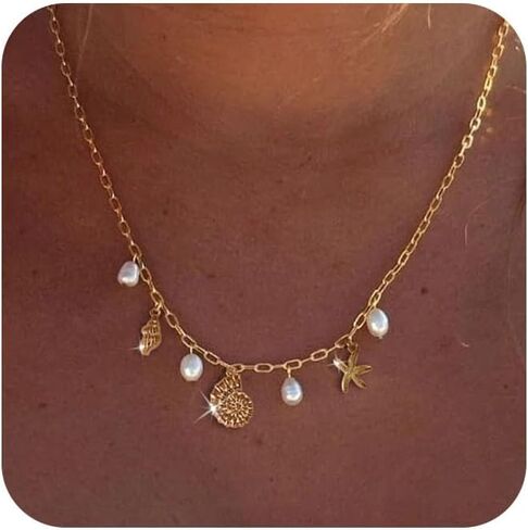 Charm Necklace for Women - Dainty Gold Beach Necklace Cute Shell Necklaces Charm Accessory Beach Starfish Pendant Preppy Stuff Summer Jewelry in Kuwait
