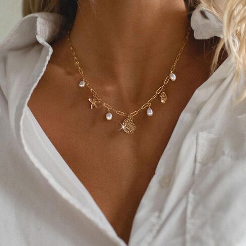Charm Necklace for Women - Dainty Gold Beach Necklace Cute Shell Necklaces Charm Accessory Beach Starfish Pendant Preppy Stuff Summer Jewelry in Kuwait