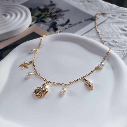 Charm Necklace for Women - Dainty Gold Beach Necklace Cute Shell Necklaces Charm Accessory Beach Starfish Pendant Preppy Stuff Summer Jewelry in Kuwait