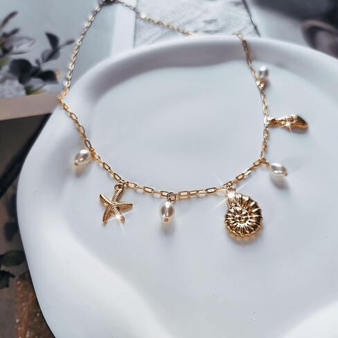 Charm Necklace for Women - Dainty Gold Beach Necklace Cute Shell Necklaces Charm Accessory Beach Starfish Pendant Preppy Stuff Summer Jewelry in Kuwait