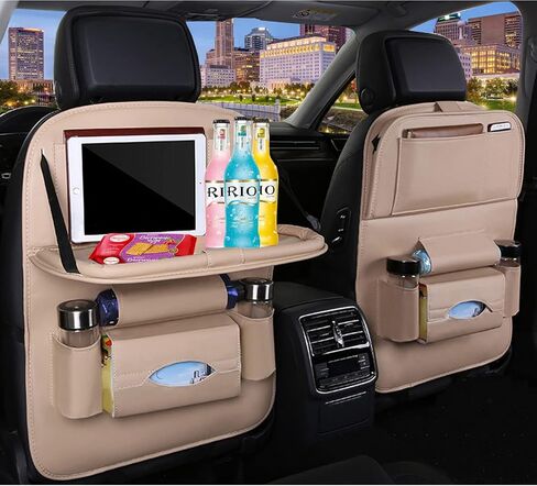 Premium PU Leather Backseat Seat Organizer with Foldable Table, Multi-Storage Pockets and Adjustable Buckle Strap for Automobiles in Saudi Arabia