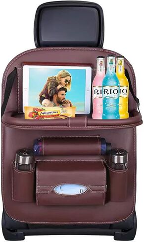 Premium PU Leather Backseat Seat Organizer with Foldable Table, Multi-Storage Pockets and Adjustable Buckle Strap for Automobiles in Saudi Arabia