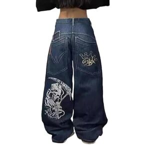 Unisex Y2K Hip Hop Street Jeans Skeleton Printed Gothic Baggy Jeans Vintage High Waist Denim Jeans Wide Leg Pants (Blue,XL,X-Large) in Saudi Arabia