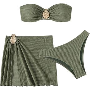 GORGLITTER Women's Strapless Swimsuits Metal Decor High Waisted Cheeky Bikini Set with Bathing Suit Cover Up Skirts in Saudi Arabia