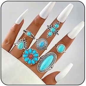 حلقة البوهيمية الفيروزية مجموعة للنساء عتيقة بيضاوي زهرة الصبار دمعة Midi حلقة chunky حلقات مفصل القابلة للتكديس مجموعة الأسلوب العرقي الفيروز البيان الغربي الحلقة الفضة بوهو المجوهرات in Kuwait