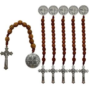 Bonitter 6 Pack Medalla de San Benitol و Crucifix ، 9 بوصات ، سانت بنديكت ميدالية صلاة الجيب الوردية الكاثوليكية حبات الخشب البني الكاثوليكي in Kuwait