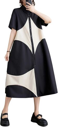 ellazhu Women's Short Sleeves Color Block Midi Length Button Down Shirt Dress GZ191 A in Saudi Arabia