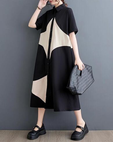 ellazhu Women's Short Sleeves Color Block Midi Length Button Down Shirt Dress GZ191 A in Saudi Arabia