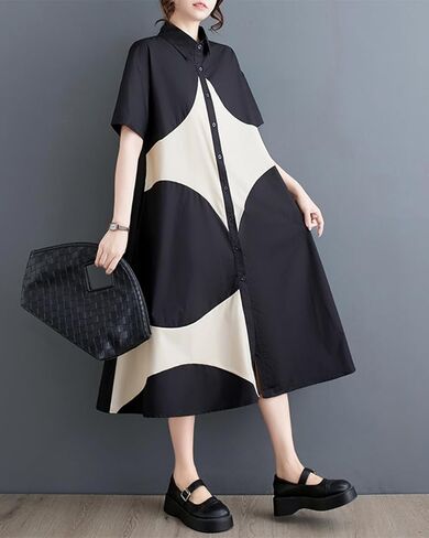 ellazhu Women's Short Sleeves Color Block Midi Length Button Down Shirt Dress GZ191 A in Saudi Arabia