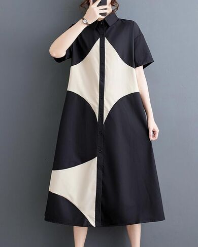 ellazhu Women's Short Sleeves Color Block Midi Length Button Down Shirt Dress GZ191 A in Saudi Arabia