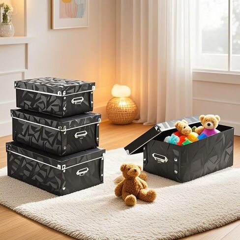 XUCHUN File Storage Boxes, Foldable Storage Bins with Lid 3 in 1 Set, Press-Stud Fastening, Moisture-Proof, Space Saving Storage, Storage Box for Photoes, Files, Closets in Kuwait