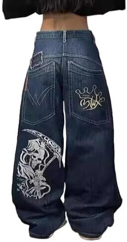 Unisex Y2K Hip Hop Street Jeans Skeleton Printed Gothic Baggy Jeans Vintage High Waist Denim Jeans Wide Leg Pants (Blue,XL,X-Large) in Saudi Arabia