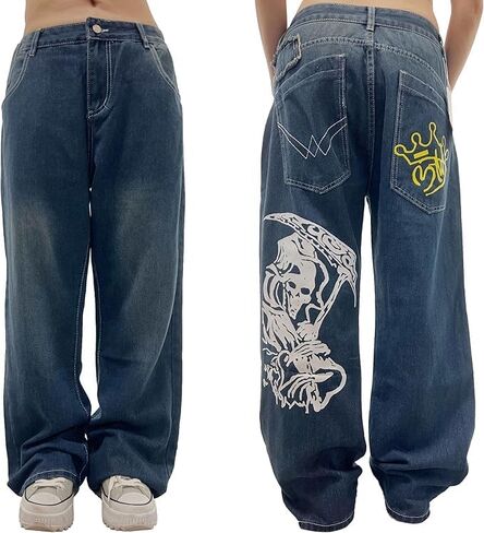 Unisex Y2K Hip Hop Street Jeans Skeleton Printed Gothic Baggy Jeans Vintage High Waist Denim Jeans Wide Leg Pants (Blue,XL,X-Large) in Saudi Arabia
