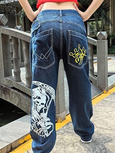 Unisex Y2K Hip Hop Street Jeans Skeleton Printed Gothic Baggy Jeans Vintage High Waist Denim Jeans Wide Leg Pants (Blue,XL,X-Large) in Saudi Arabia