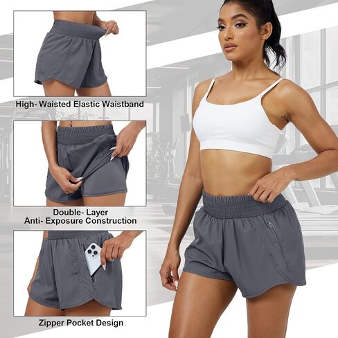 Coume 3 Pack Women's 2 in 1 Running Shorts with Zipper Pockets 2.5" High Waisted Quick Dry Athletic Workout Gym Summer Shorts in Saudi Arabia