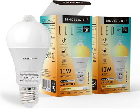 SINCELIGHT Motion Sensor LED Light Bulb 9W E26, PIR Motion-Activated in The Dark, Automatically ON/Off by Dual Sensors, Cool White 6000K, Pack of 2 in Saudi Arabia