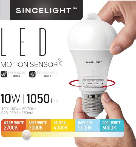 SINCELIGHT Motion Sensor LED Light Bulb 9W E26, PIR Motion-Activated in The Dark, Automatically ON/Off by Dual Sensors, Cool White 6000K, Pack of 2 in Saudi Arabia