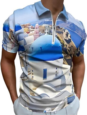 Santorini Greece Men's Golf Polo Shirts Short Sleeve Top Casual Sport Slim Fit Tee in Saudi Arabia