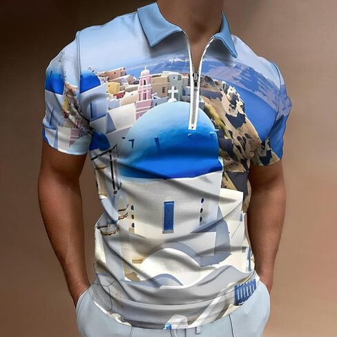 Santorini Greece Men's Golf Polo Shirts Short Sleeve Top Casual Sport Slim Fit Tee in Saudi Arabia
