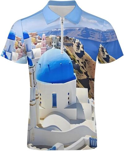 Santorini Greece Men's Golf Polo Shirts Short Sleeve Top Casual Sport Slim Fit Tee in Saudi Arabia