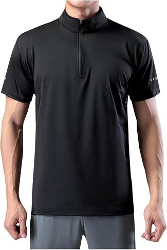 القميص الرياضي للرجال 1/4 Zip Pullover الأكمام القصير القصير النحيف تناسب الجري التدريب وهمية عنق بلوزة الجولف الصلبة in Kuwait
