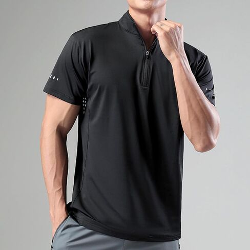 القميص الرياضي للرجال 1/4 Zip Pullover الأكمام القصير القصير النحيف تناسب الجري التدريب وهمية عنق بلوزة الجولف الصلبة in Kuwait