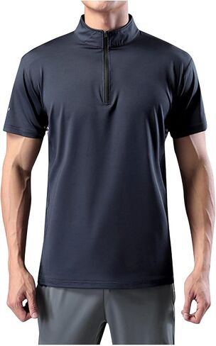 القميص الرياضي للرجال 1/4 Zip Pullover الأكمام القصير القصير النحيف تناسب الجري التدريب وهمية عنق بلوزة الجولف الصلبة in Kuwait